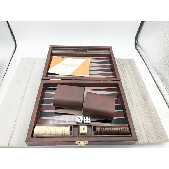 Vintage Backgammon Complete Small Travel Faux Leather Board Game - Picture 3 of 10